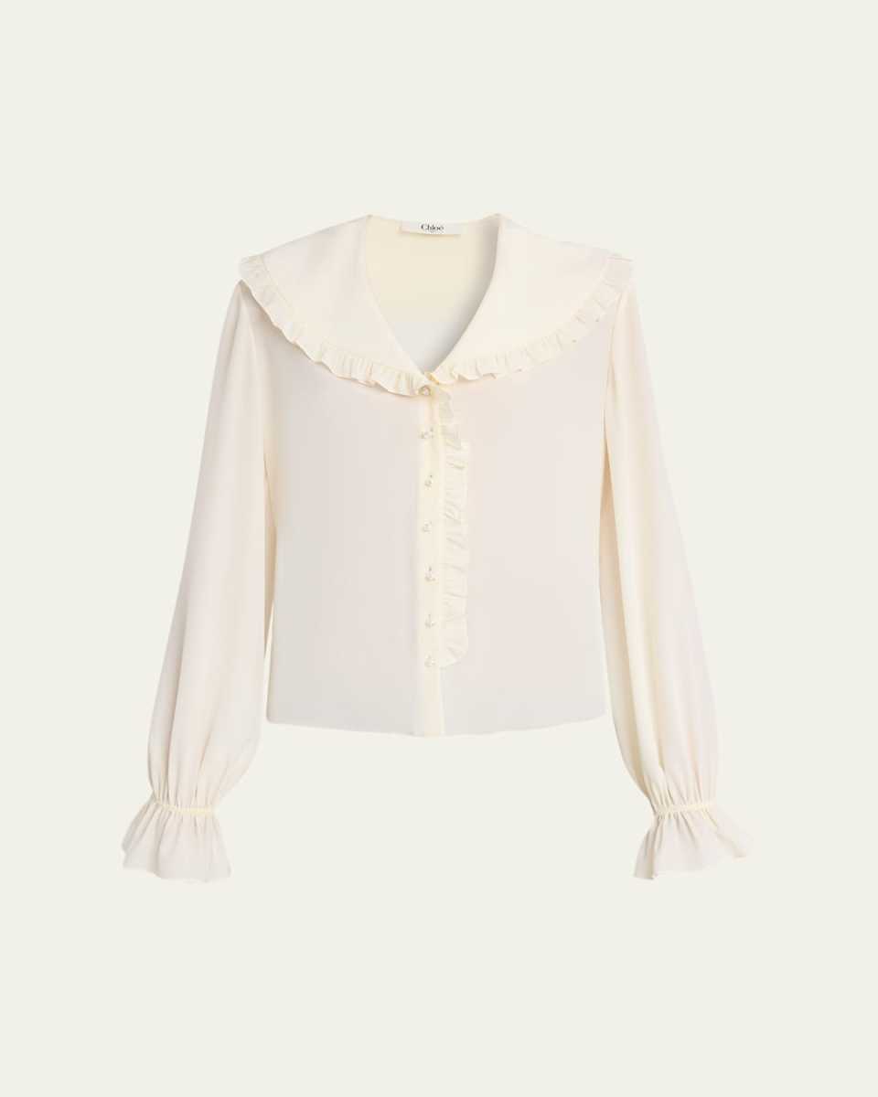 Bertha-Collar Ruffle Button-Down Silk Blouse